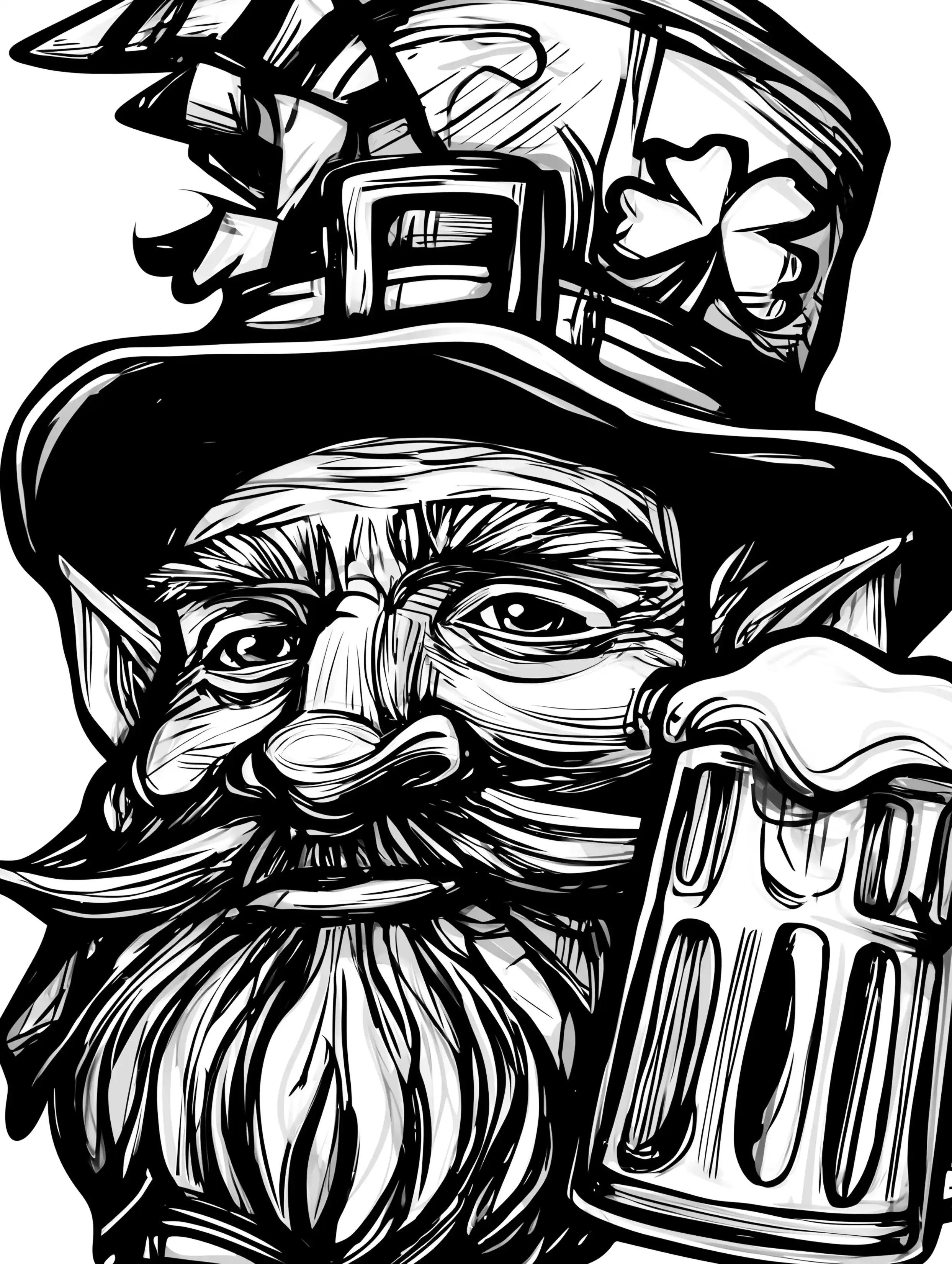 Free printable St Patricks Day coloring page for adults featuring a leprechaun holding a beer stein